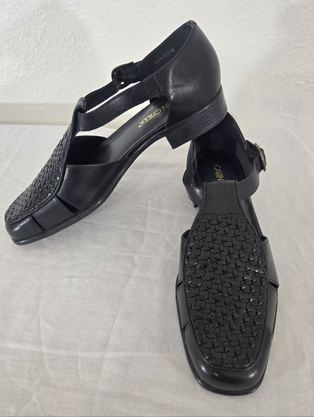 Cabin Creek Vintage Black Leather Woven T-Strap Slingback Shoes Office, size 9